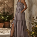 Purple Lace Trimmed Linen Maxi Dress