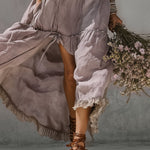 Purple Lace Trimmed Linen Maxi Dress