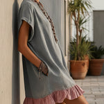 Gray Washed Loose Mini Dress With Pink Ruffles