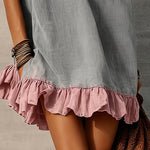 Gray Washed Loose Mini Dress With Pink Ruffles