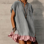 Gray Washed Loose Mini Dress With Pink Ruffles