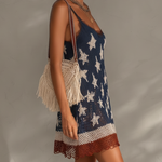Navy Blue Star Knit Lace Trim Mini Dress