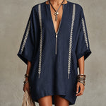 Navy Embroidered Mini Dress With Zip Front
