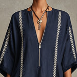 Navy Embroidered Mini Dress With Zip Front