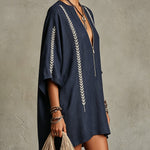 Navy Embroidered Mini Dress With Zip Front