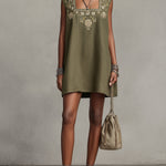 Olive Green Sleeveless Mini Dress With Embroidered Square Neckline