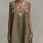 Olive Green Sleeveless Mini Dress With Embroidered Square Neckline