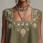 Olive Green Sleeveless Mini Dress With Embroidered Square Neckline