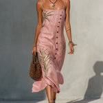 Pink Linen Print Midi Dress with Coconut Buttons