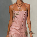 Pink Linen Print Midi Dress with Coconut Buttons