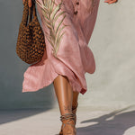 Pink Linen Print Midi Dress with Coconut Buttons