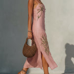 Pink Linen Print Midi Dress with Coconut Buttons
