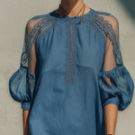 Blue Cotton Linen Lace Trim Mini Dress