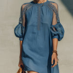 Blue Cotton Linen Lace Trim Mini Dress