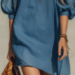 Blue Cotton Linen Lace Trim Mini Dress