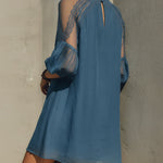 Blue Cotton Linen Lace Trim Mini Dress