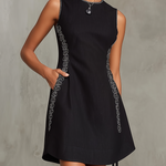 Black Stretch Denim Embroidered Mini Dress