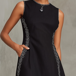 Black Stretch Denim Embroidered Mini Dress