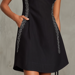 Black Stretch Denim Embroidered Mini Dress