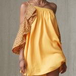 Yellow Leopard Print One Shoulder Ruffled Cotton Linen Mini Dress