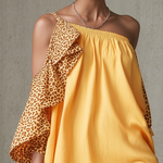 Yellow Leopard Print One Shoulder Ruffled Cotton Linen Mini Dress