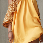 Yellow Leopard Print One Shoulder Ruffled Cotton Linen Mini Dress