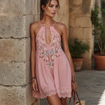 Pink  Embroidered Cotton Mini Dress