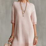 Pink Houndstooth Knit Mini Dress With Half Sleeves