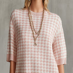 Pink Houndstooth Knit Mini Dress With Half Sleeves