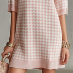 Pink Houndstooth Knit Mini Dress With Half Sleeves