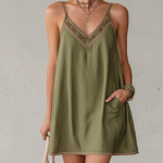 Olive Green Textured Embroidered Trim Mini Dress With Strap Detailing