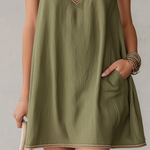 Olive Green Textured Embroidered Trim Mini Dress With Strap Detailing