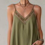 Olive Green Textured Embroidered Trim Mini Dress With Strap Detailing