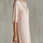 Pink Houndstooth Knit Mini Dress With Half Sleeves
