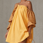Yellow Leopard Print One Shoulder Ruffled Cotton Linen Mini Dress