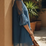 Blue Cotton Linen Lace Trim Mini Dress