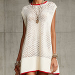 Ivory Knit Sleeveless Mini Dress With Red Trim