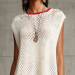 Ivory Knit Sleeveless Mini Dress With Red Trim