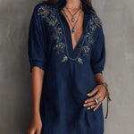 Navy Embroidered V-Neck Shirt Mini Dress