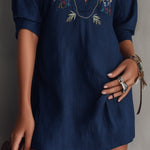 Navy Embroidered V-Neck Shirt Mini Dress