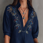 Navy Embroidered V-Neck Shirt Mini Dress