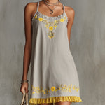 Gray Floral Embroidered Ruffle Hem Cami Dress