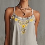 Gray Floral Embroidered Ruffle Hem Cami Dress