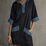 Black Contrast Hooded Fringe Hem Mini Dress
