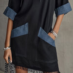 Black Contrast Hooded Fringe Hem Mini Dress