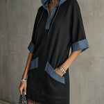 Black Contrast Hooded Fringe Hem Mini Dress