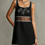 Black Sleeveless Embroidered Mesh Panel Mini Dress