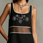 Black Sleeveless Embroidered Mesh Panel Mini Dress