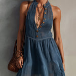 Sheer Blue Linen Blend Sleeveless Mini Dress