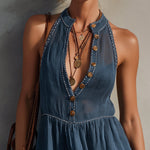 Sheer Blue Linen Blend Sleeveless Mini Dress